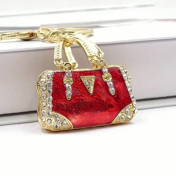 Red & Gold Rhinestone Purse Bag Charm Keychain – Luxury Bling Accessory – NWT - Picture 3 of 4